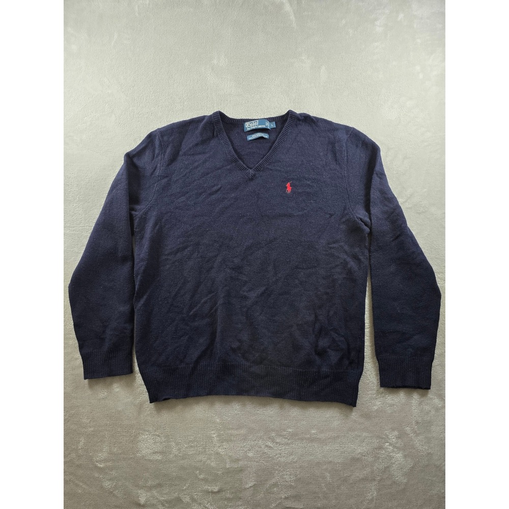 Polo Ralph Lauren Sweater Mens L Blue V-Neck 100% Lambswool Italian Yarn Y2K